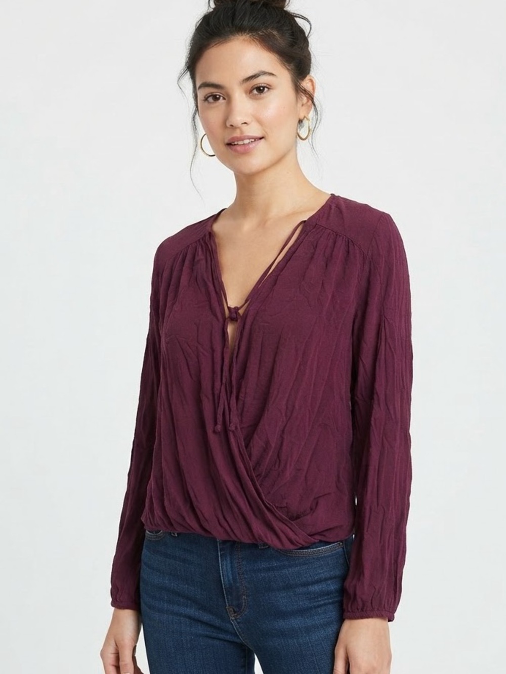 LUSH Plum Burgundy Tie Front Long Sleeve Surplice Blouse Size Small⁠